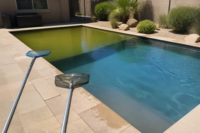 Green pool cleanup in a residential backyard with desert landscaping in Chandler, AZ.