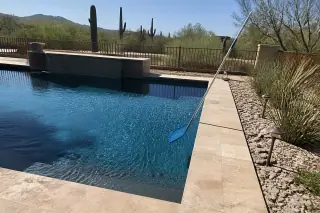 Long-handled skimmer resting by a clear rectangular pool with saguaro cacti in a Phoenix, AZ backyard.