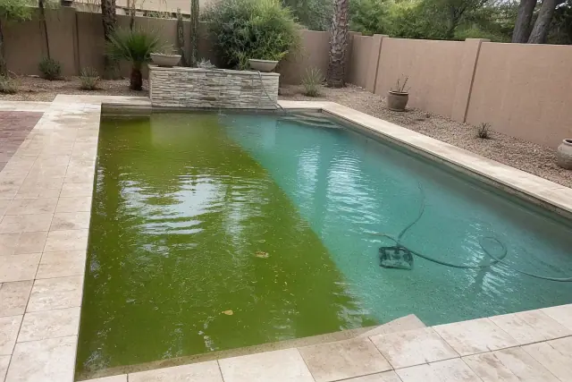 Green-to-clean pool restoration showing murky water and debris in a Phoenix, AZ backyard with desert landscaping.