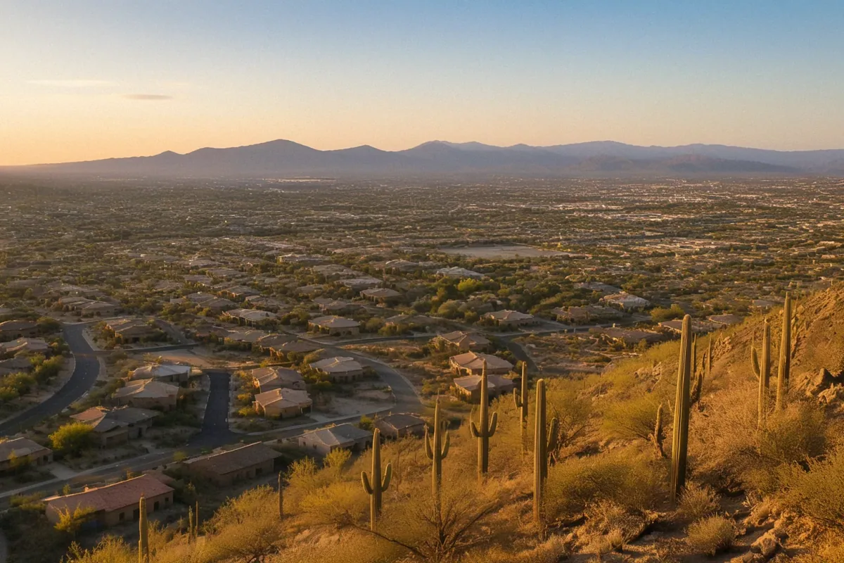 Aerial view of a residential neighborhood with Saguaro cacti and stucco homes in Phoenix, AZ under a clear morning sky.