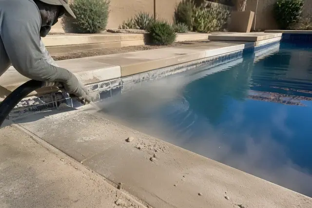 Low-pressure bead blasting process cleaning pool tile in a residential backyard in Phoenix, AZ.