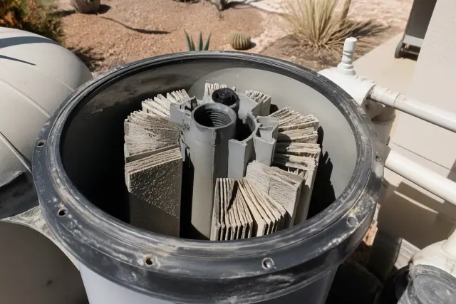 Pool filter housing with monsoon dust buildup on cartridge grids at a job site in Phoenix, AZ.