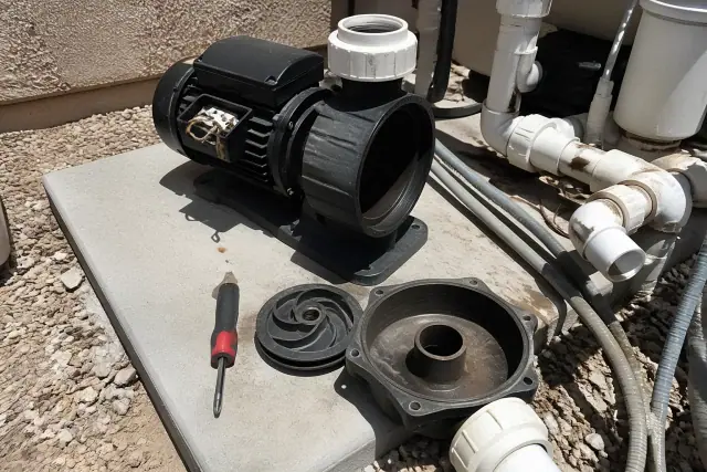 Close-up of a pool pump motor and impeller housing at an equipment pad in Phoenix, AZ.