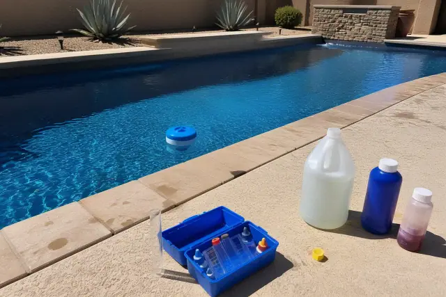 Pool chemical service in progress with test kit and supplies on a poolside deck in Phoenix, AZ.