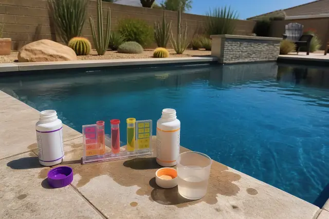 Pool water test kit and chemical bottles on a backyard deck during a pool service in Phoenix, AZ.