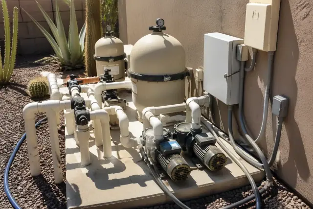 Pool filtration tanks, booster pumps, and plumbing connections on a concrete slab in Phoenix, AZ.