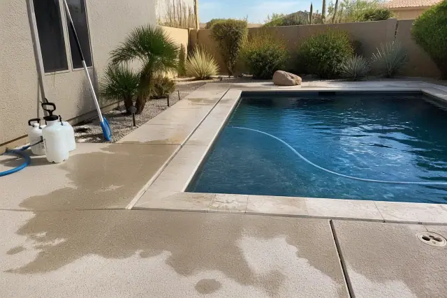 A technician performing a pool acid wash on a rectangular pool at a home in Peoria, AZ.