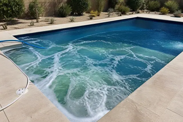 Acid washing treatment on the floor of a rectangular swimming pool at a home in Scottsdale, AZ.