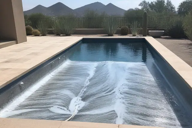 Residential swimming pool during an acid wash cleaning process in Paradise Valley, AZ, with desert scenery in the background.