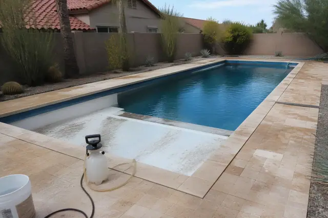 Pool acid wash service in progress on a rectangular swimming pool with desert landscaping in Avondale, AZ.