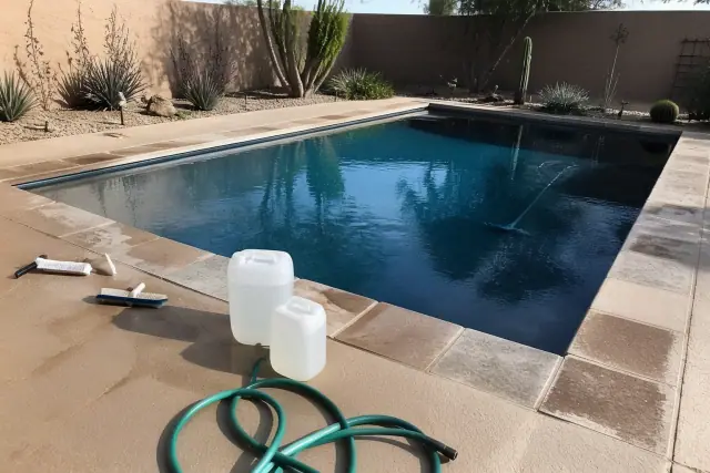 Pool acid wash in progress at a residential swimming pool in Gilbert, AZ.