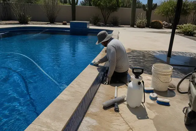 Contractor cleaning pool tiles and performing an acid wash on a backyard pool in Phoenix, AZ.