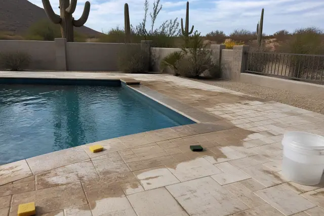 Acid washing pool tiles on a deck with a bucket and sponges in front of a desert landscape in Phoenix, AZ.