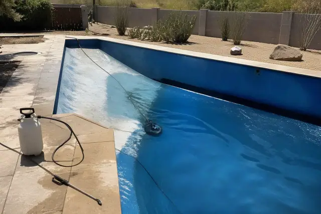 Pool acid washing in progress on a rectangular swimming pool in Phoenix, AZ, with industrial spray gear and wet plaster.
