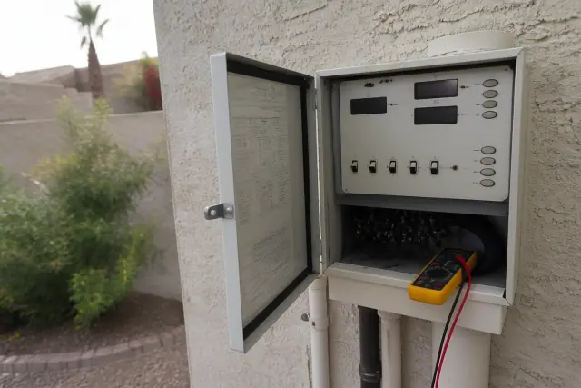 Wall-mounted pool automation controller with a wire tester on a stucco exterior in Phoenix, AZ.