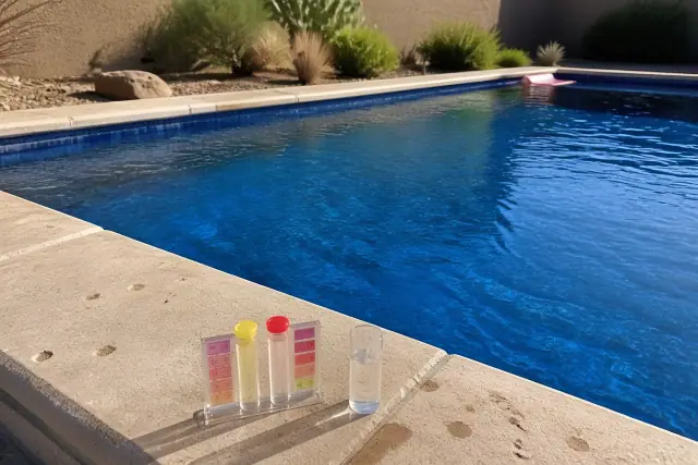 Pool chemical testing kit and vial on a pool deck during a service visit in Phoenix, AZ.