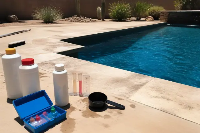 Pool maintenance equipment and chemical bottles on a poolside deck during service in Glendale, AZ.