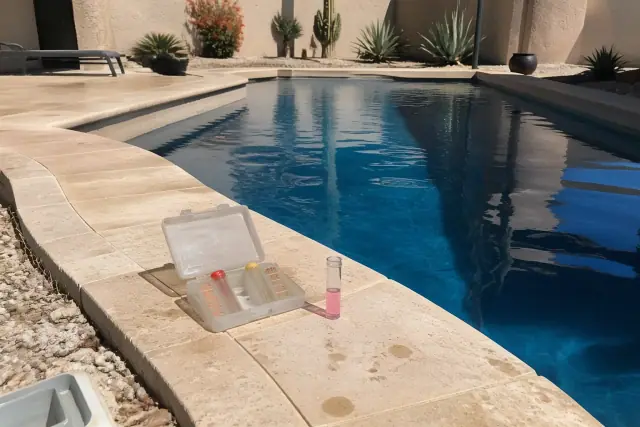 Pool chemical testing kit on the coping of a backyard swimming pool in Tempe, AZ.