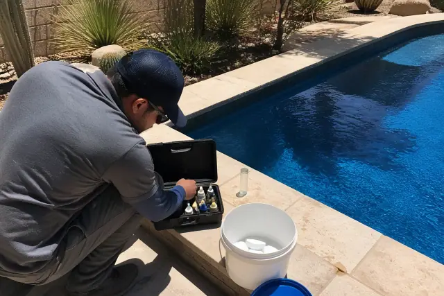 A technician testing pool water with a test kit on a sunny deck in Phoenix, AZ.