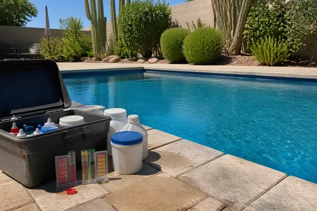 Pool chemical testing kit by a rectangular swimming pool on a sunny day in Phoenix, AZ.