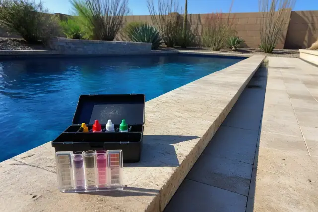 Water testing kit on travertine pool decking in a residential backyard in Scottsdale, AZ.