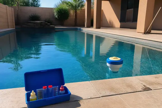 A pool technician's test kit and chemical dispenser by a residential pool in Avondale, AZ.