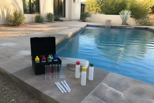 Pool chemical test kit on a deck by a swimming pool at a home in Paradise Valley, AZ.