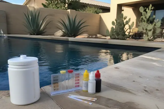 Pool water testing supplies on a stone deck by a residential swimming pool in Chandler, AZ.