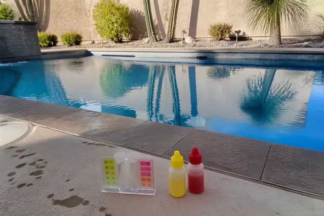 Water testing kit and reagent bottles on a pool deck during chemical service in Gilbert, AZ.