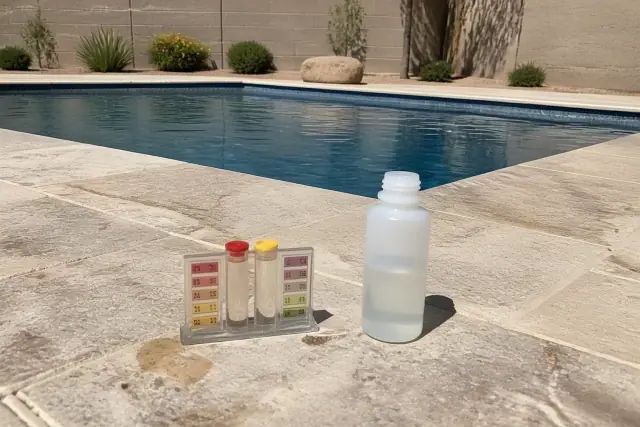 Pool chemical test kit and balancing solution on a residential pool deck in Peoria, AZ.