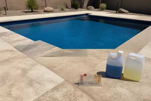 Pool chemical service supplies and a test kit on a backyard pool deck in Mesa, AZ.