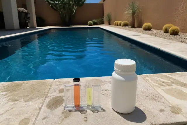A technician performs pool chemical service by a rectangular backyard pool in Goodyear, AZ with cacti and desert gravel.