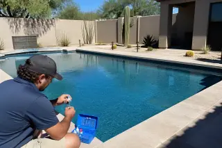 Technician performing a final water test on a pool deck surrounded by desert landscaping in Phoenix, AZ.