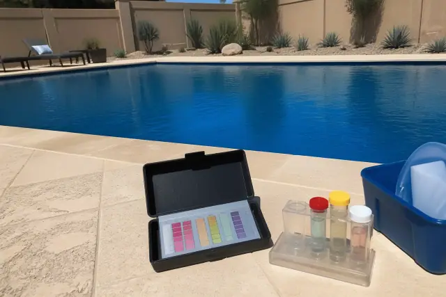 Digital pool water testing kit with vials and color chart by a residential swimming pool in Phoenix, AZ.