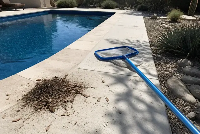 Pool skimmer net and debris on a deck by a residential swimming pool in Scottsdale, AZ.