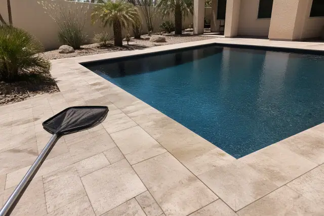 Clean rectangular swimming pool and skimmer net on a deck in Avondale, AZ.
