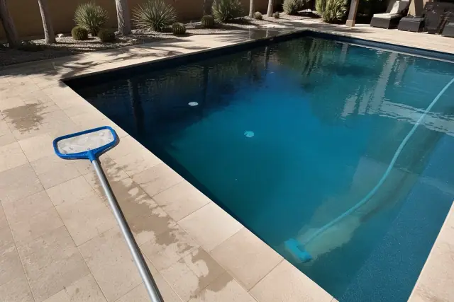Technician vacuuming sediment from a rectangular swimming pool at a home in Goodyear, AZ.