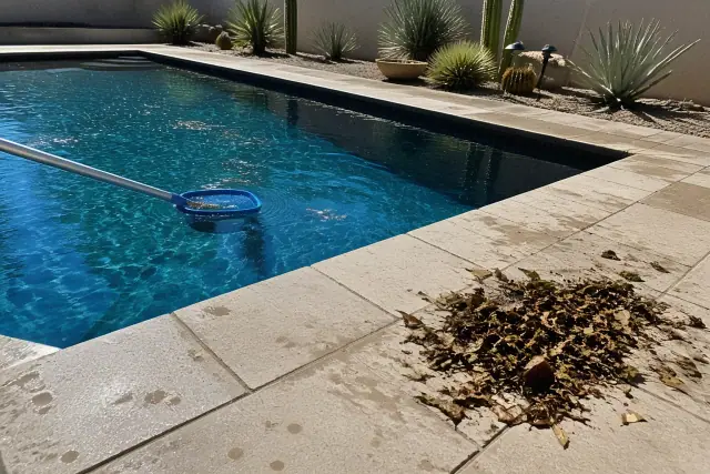 Skimming net cleaning leaves from a swimming pool on a sunny day in Tempe, AZ.