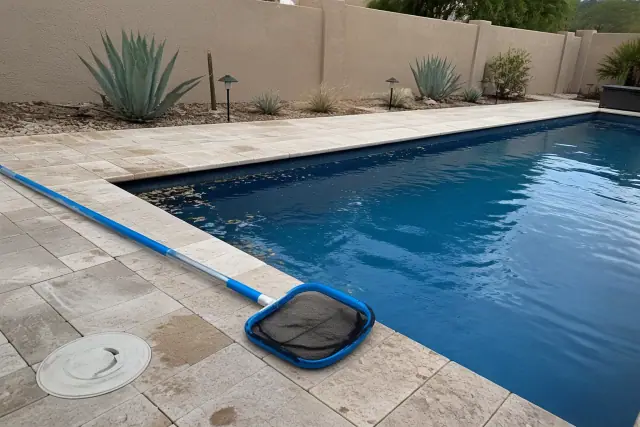 Pool cleaning in progress at a residential backyard pool in Chandler, AZ with a net tool and desert landscaping.