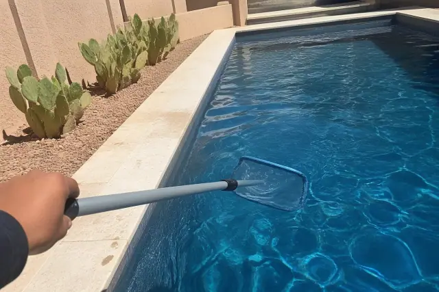 Worker using a mesh net to remove debris from a swimming pool in Glendale, AZ.