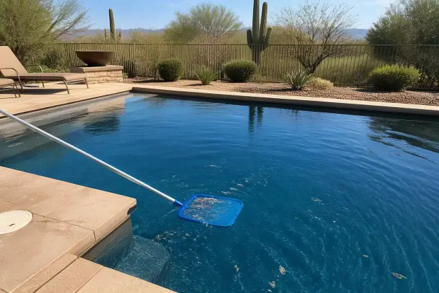 Telescopic pole with a net skimming a residential pool in Paradise Valley, AZ, with xeriscaping and saguaros in background.