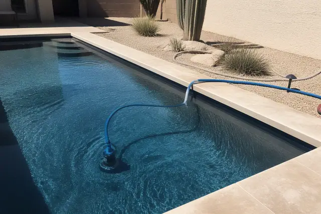 Submersible pump draining a residential swimming pool for an acid wash in Phoenix, AZ.