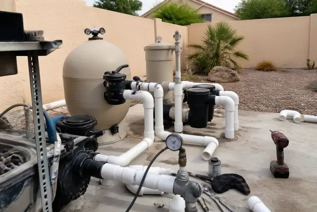 Pool equipment repair with filtration tanks and PVC plumbing on a jobsite in Glendale, AZ.
