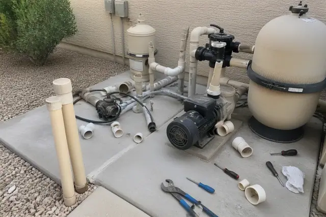 Pool equipment repair in progress on a concrete slab in a Mesa, AZ backyard with filtration tanks and exposed plumbing.