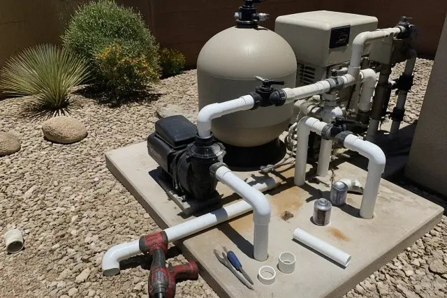 Pool equipment repair with filtration tanks and new PVC fittings on a concrete slab in Gilbert, AZ.