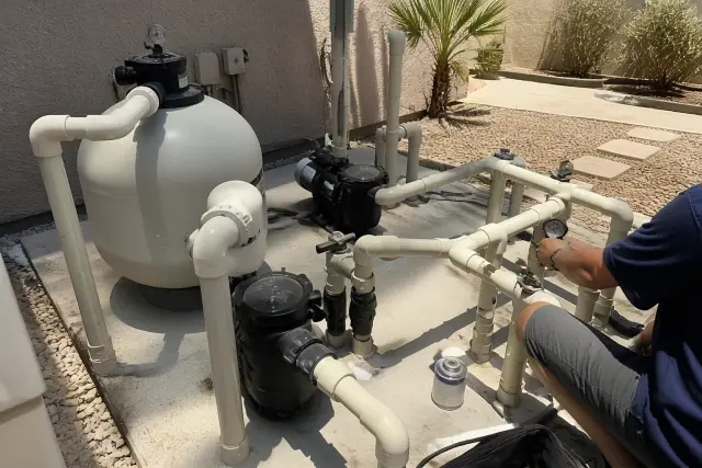 Pool equipment repair showing filtration tanks and PVC piping at a residential home in Avondale, AZ.