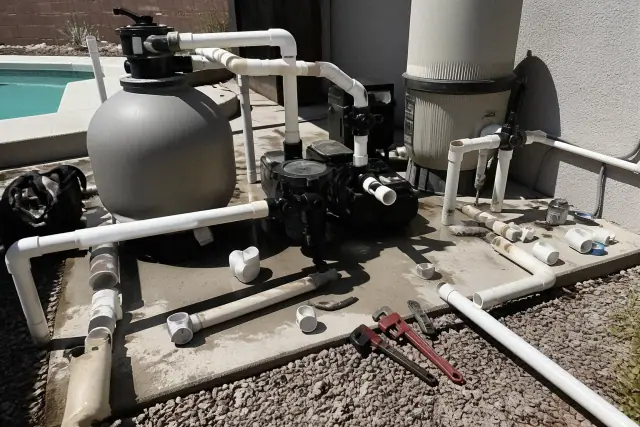 Pool equipment repair featuring filtration tanks, pumps, and PVC pipes on a concrete slab in Goodyear, AZ.