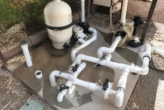 Pool equipment repair featuring a wrench on PVC plumbing at a home in Chandler, AZ.