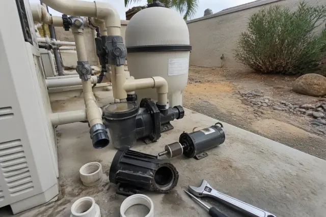 Pool equipment repair on a concrete pad with a pump motor and tools at a residential home in Tempe, AZ.