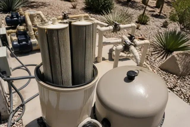 Pool filter cleaning with debris-covered cartridges at a pool equipment pad in Paradise Valley, AZ.